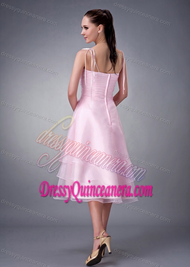 Baby Pink V-neck Ruched Tea-length Luxurious Quinceanera Damas Dress