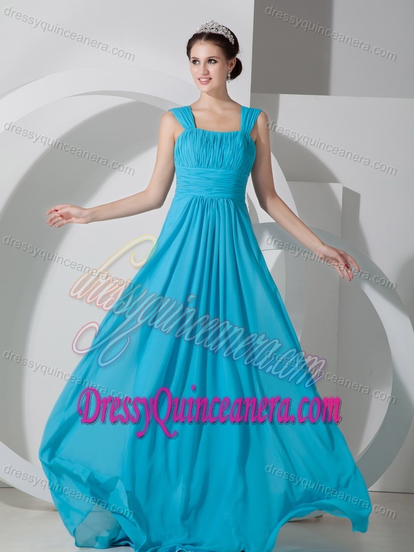 Teal Square Brush Train Ruched Elegant Dama Dresses for Quinceaneras