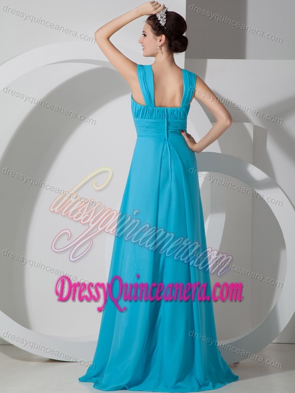 Teal Square Brush Train Ruched Elegant Dama Dresses for Quinceaneras