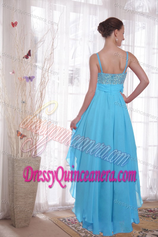 Dressy Baby Blue High-low Chiffon Beaded Dama Dress for Quinceaneras