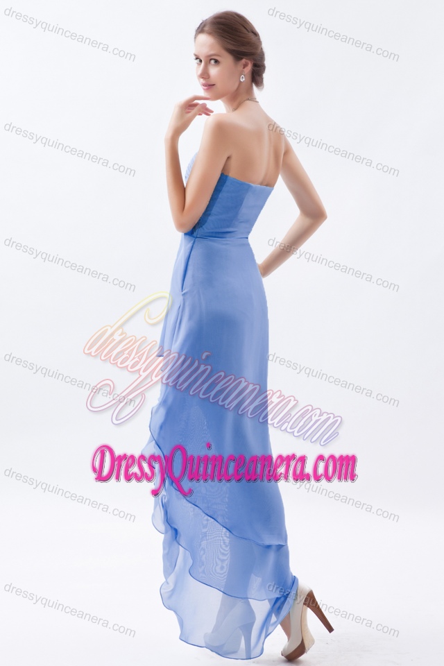 Blue A-line V-neck High-low Chiffon Beaded Dama Dress on Prommotion for Quinceanera