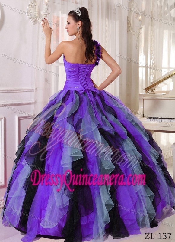 One Shoulder Beautiful Beaded Organza Quinces Dresses with Ruffles