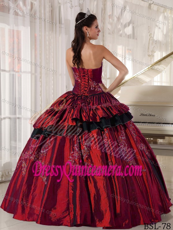 Strapless Affordable Taffeta Wine Red Quinceanera Dress with Beading