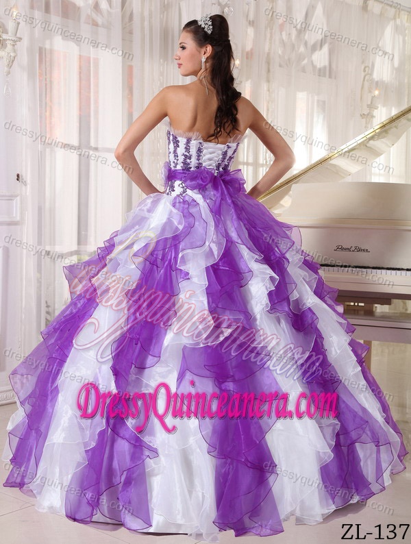 Purple and White Discount Strapless Dresses for Quince with Beading
