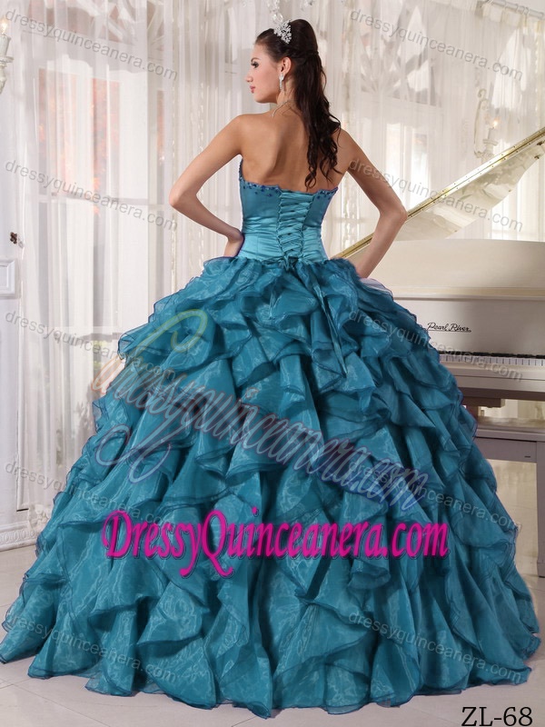 Cute Strapless Satin and Organza Sweet Sixteen Quince Dress in Teal