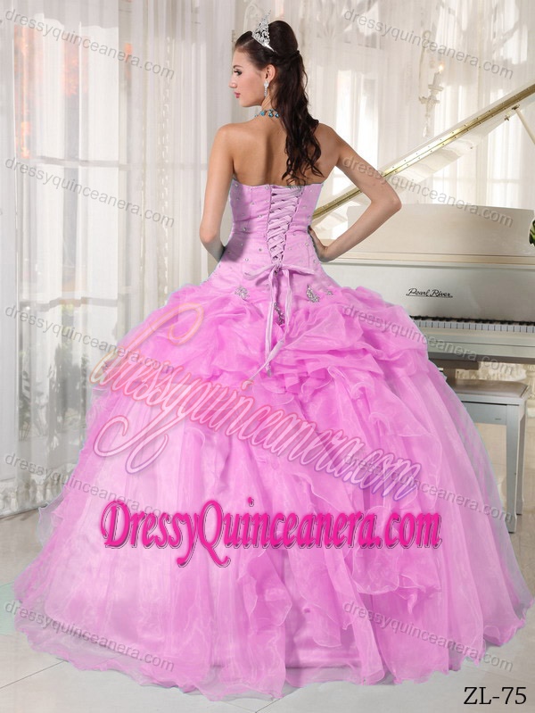 Beaded Organza Cheap Ball Gown Strapless Quinceanera Dress in Pink