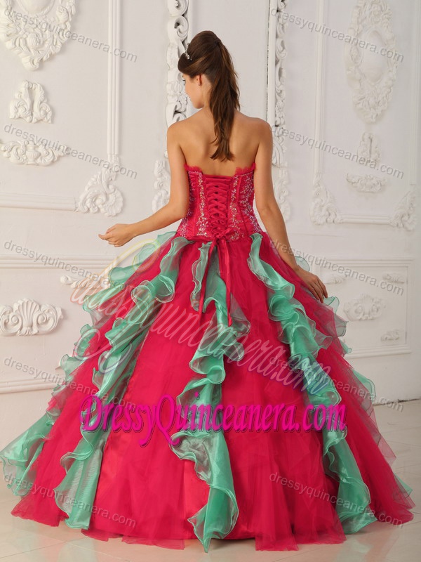 Discount Red and Green Dress for Quinceanera with Beading in Tulle