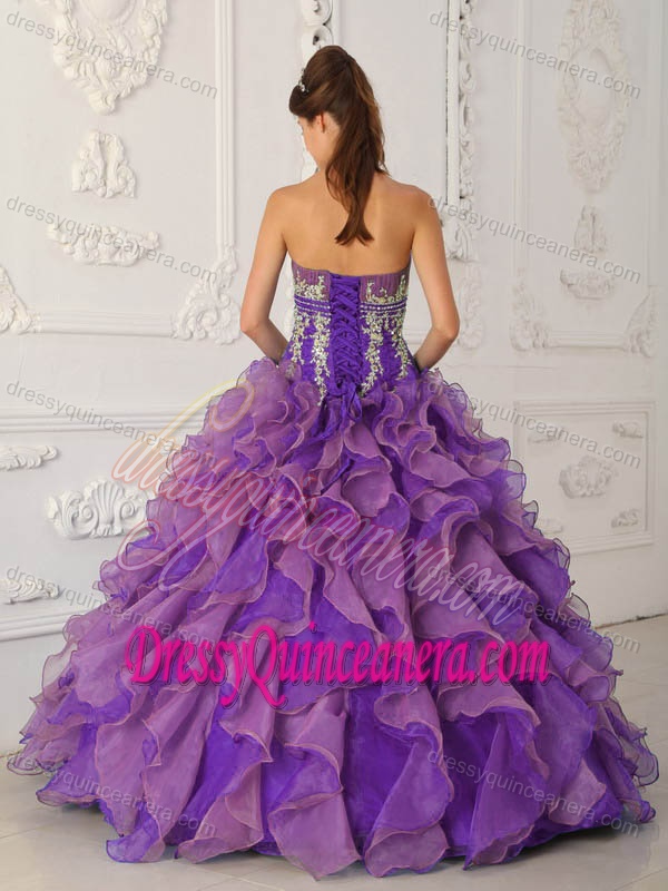 Pretty Strapless Organza Quinces Gowns with Appliques and Ruffles