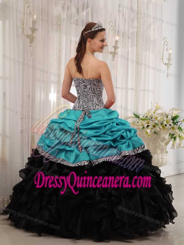Sweet Turquoise and Black Sweet Taffeta Sixteen Dresses with Ruffles
