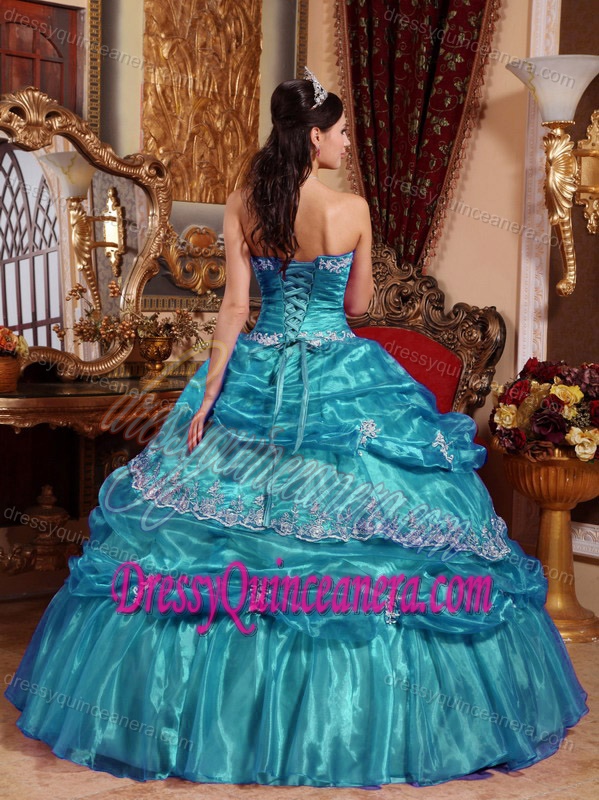 Most Popular Strapless Organza Quinceanera Dress with Appliques in Teal