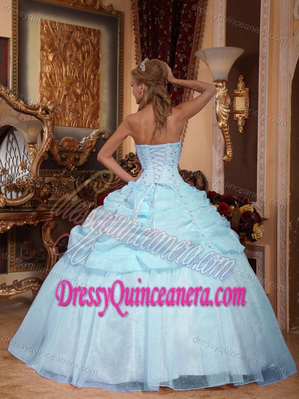 Light Blue Strapless Quinceanera formal Dress with Appliques in Organza