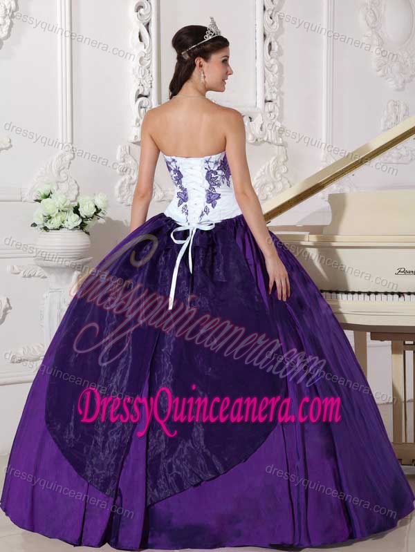 Sweetheart Embroidery Taffeta Sweet 16 Dress in White and Eggplant Purple