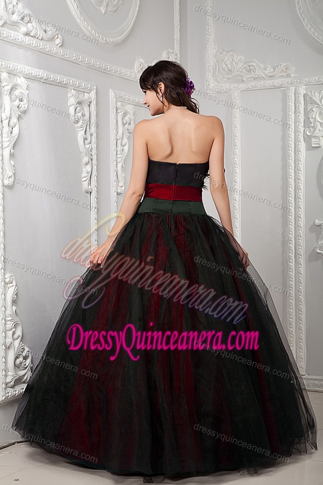 Black and Red Strapless Tulle Quinceanera Dress with Beading and Feather