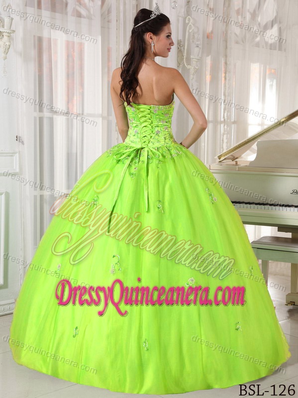 Yellow Green Strapless Appliques Long Dress for Quinceaneras 2014