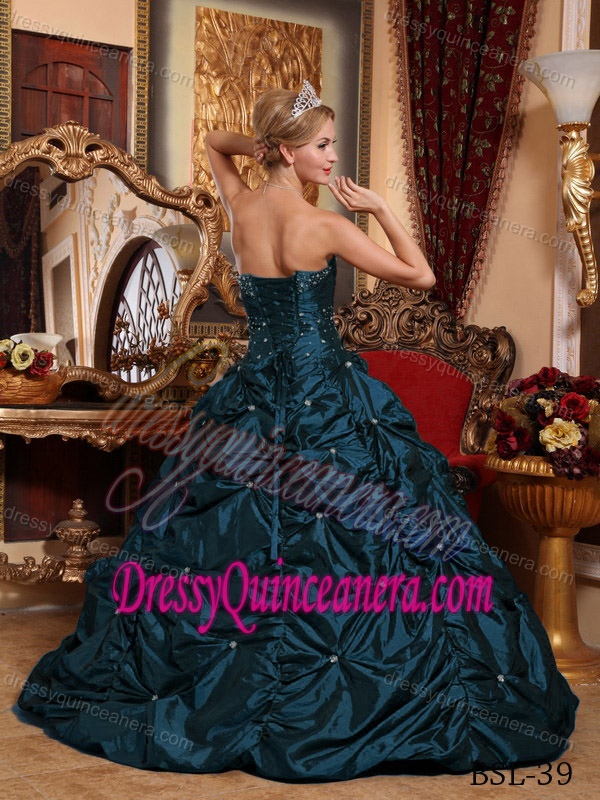 Navy Blue Strapless Pick-ups Beading Quinceanera Dresses Gowns