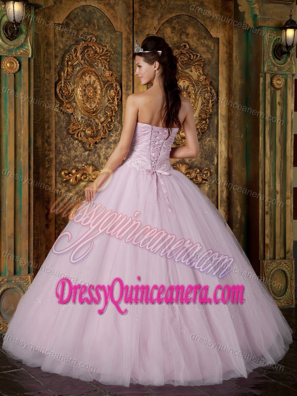 Baby Pink Strapless Floor-length Appliques Ball Gown Dresses 15