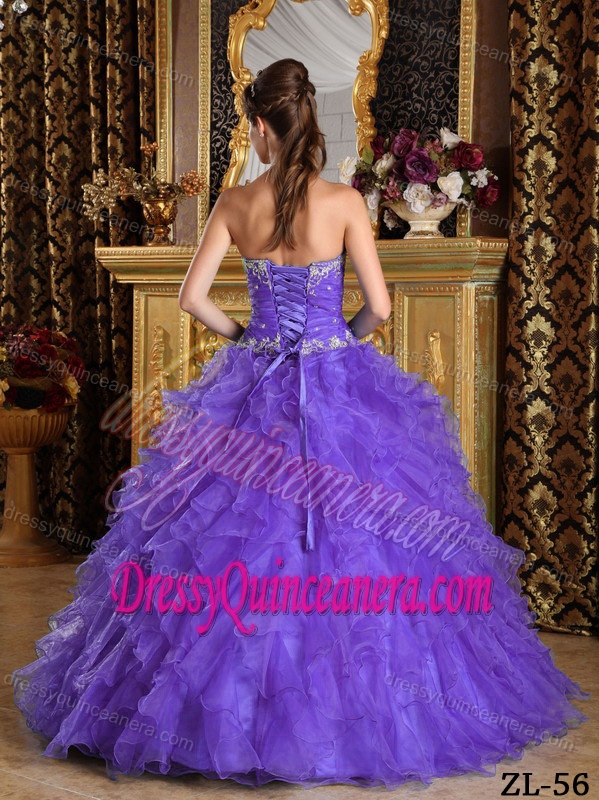 Gorgeous Purple Ruffles Organza Dress for a Quince with Appliques