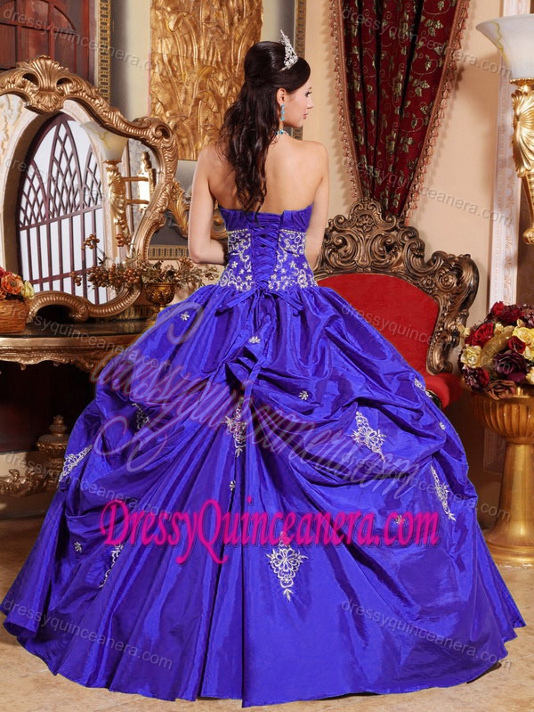 Popular Royal Blue Strapless Taffeta Appliques Quinceanera Gown Dresses