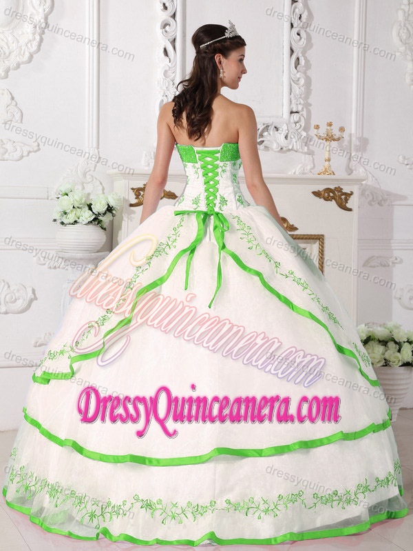 2013 White and Green Organza Beaded and Embroidery Quinceanera Gown