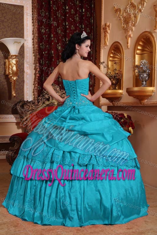 2013 Aqua Blue Ball Gown Taffeta Beaded and Appliques Quinceanera Gown