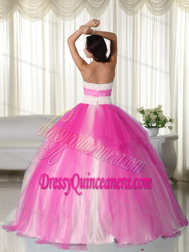 2013 Hot Pink and White Ball Gown Tulle Beaded Strapless Sweet 15 Dresses