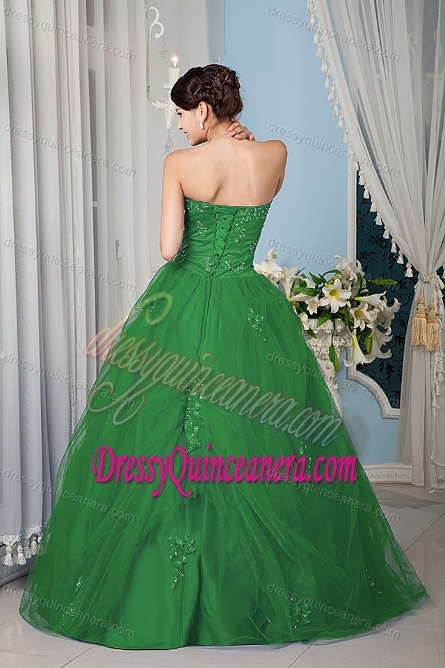 2013 Cheap Popular A-line Green Beaded Strapless Tulle Quinceanera Dresses