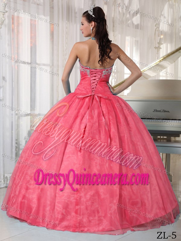 Watermelon Lace-up Organza Luxurious Sweet 16 Dresses with Appliques
