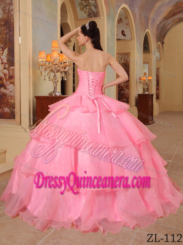 Charming Organza Beaded Watermelon Quinceanera Gowns with Flowers