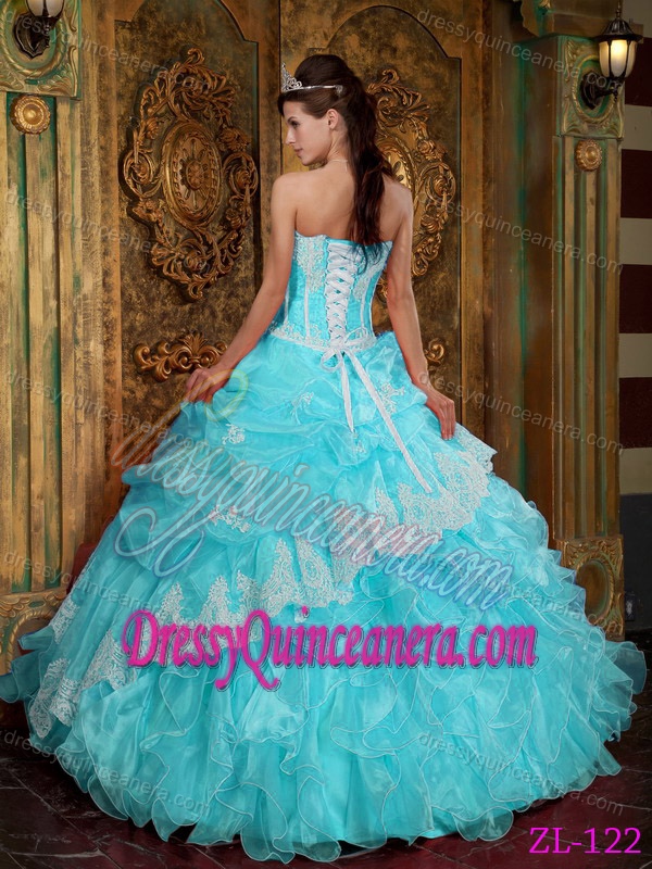 New Strapless Lace-up Ruffled Organza Quinceanera Dresses in Baby Blue