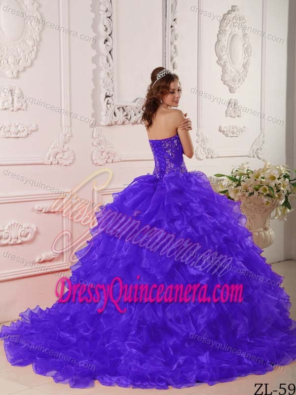 Luxurious Strapless Purple Ruffled Quinceanera Gowns with Embroidery