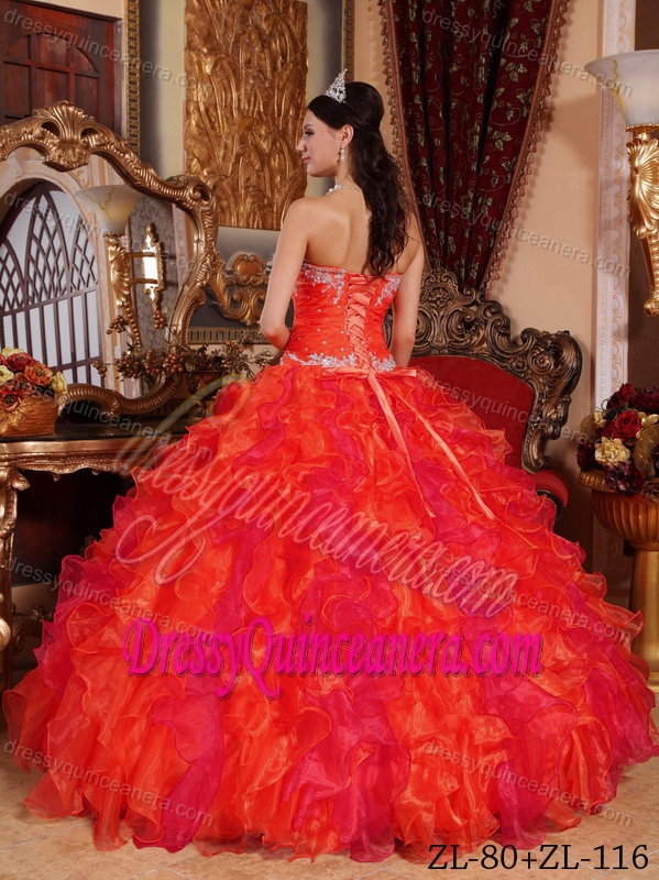 Red Beaded Floor-length Organza Impressive Quince Dresses for Winter