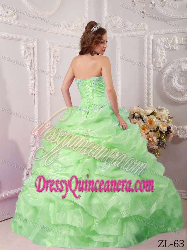 Attractive Apple Green Lace-up Organza Quinces Dresses with Appliques