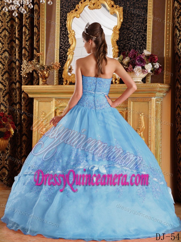 Strapless Light Blue Organza Magnificent Quinceanera Dress with Bowknot