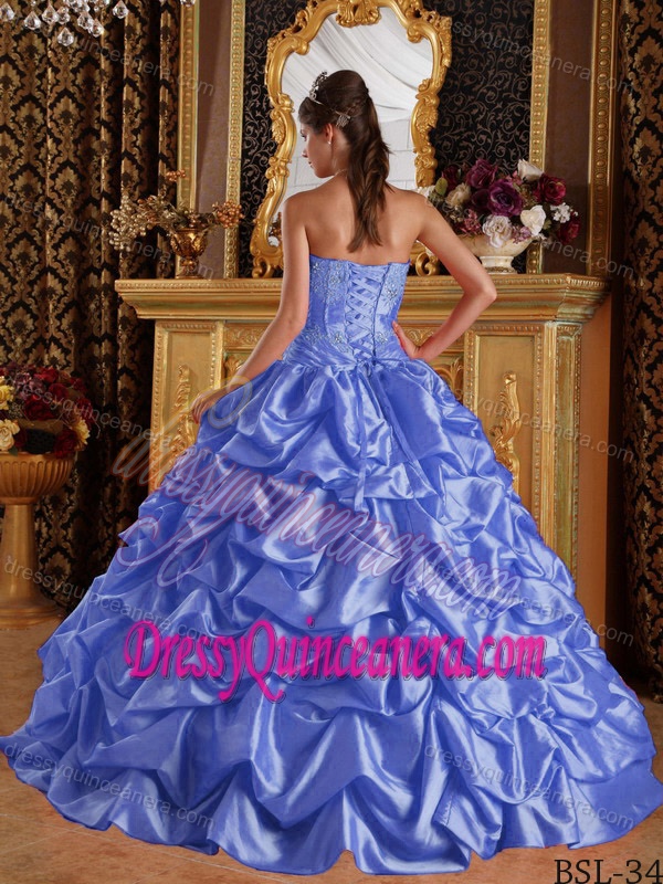 Purple Sweetheart Floor-length Taffeta Dress for Quince with Appliques and Pick-ups