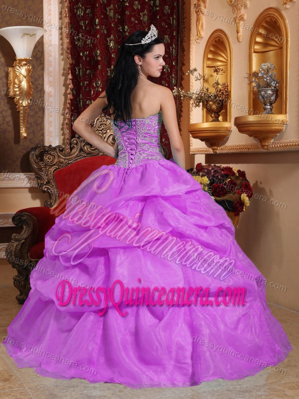 Cute Lavender Sweetheart Organza Sweet Sixteen Dress with Pick-ups and Appliques