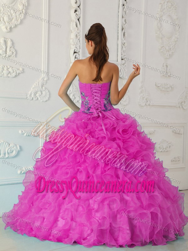 Exquisite Strapless Hot Pink Organza Embroidered Quinceanera Dresses with Ruffles