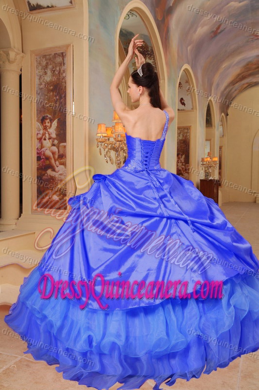One-shoulder Floor-length Blue Taffeta Appliqued Quinceanera Dress with Pick-ups