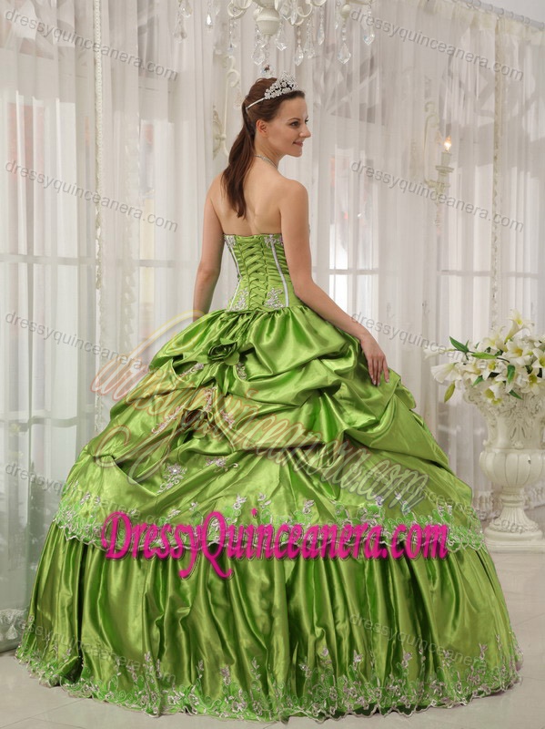 Chichi Olive Green Strapless Taffeta Quinceanera Dress with Pick-ups and Appliques