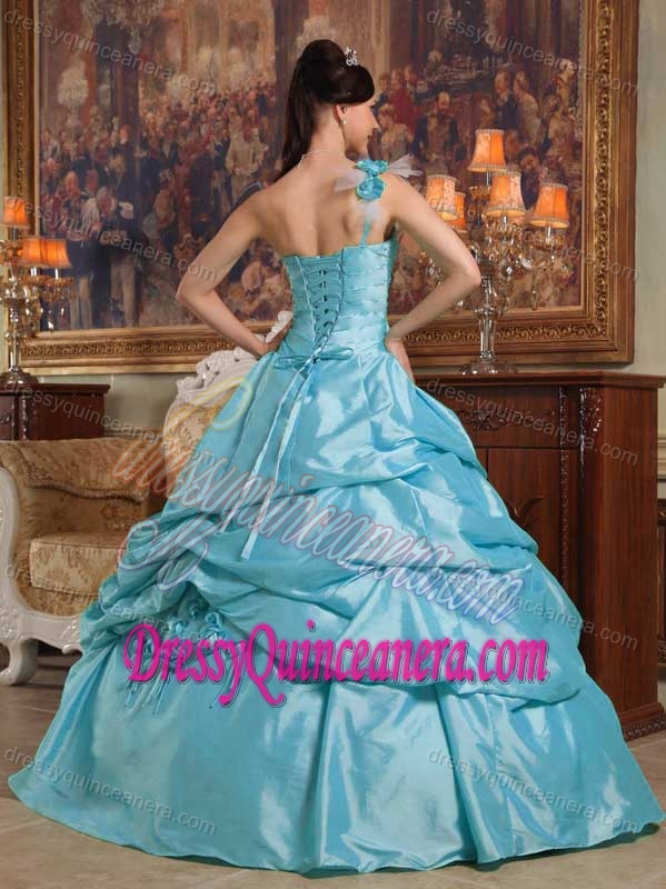 Blue One-shoulder Appliqued Taffeta Quinceanera Dress with Pick-ups and Flowers
