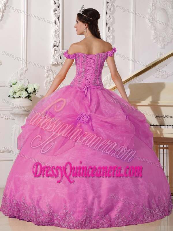 off-the-shoulder Rose Pink Beaded Quinceanera Dresses with Pick-ups and Flowers