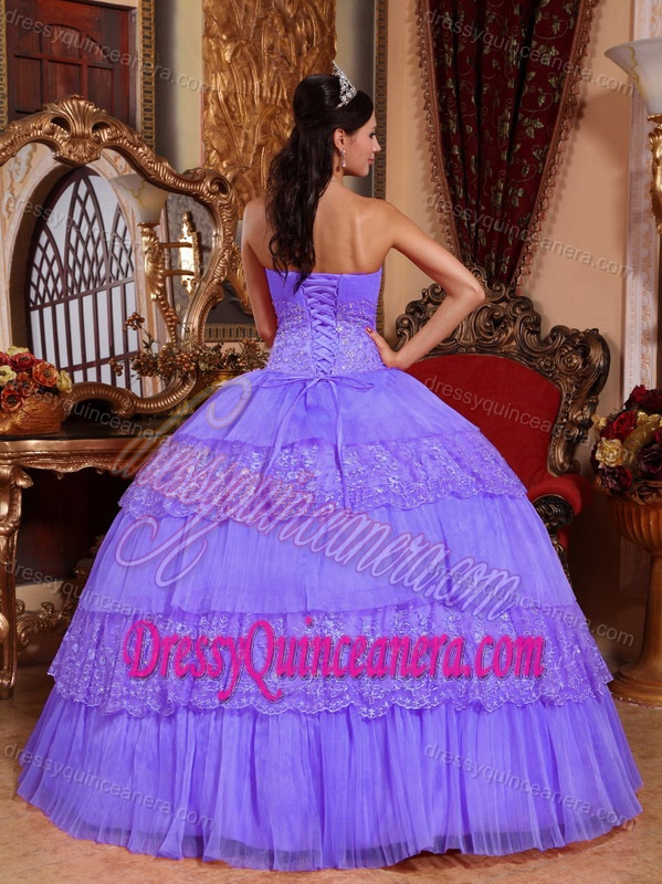 Layered Strapless Lavender Tulle and Lace Ball Gown Quinceanera Gown Dress on Sale
