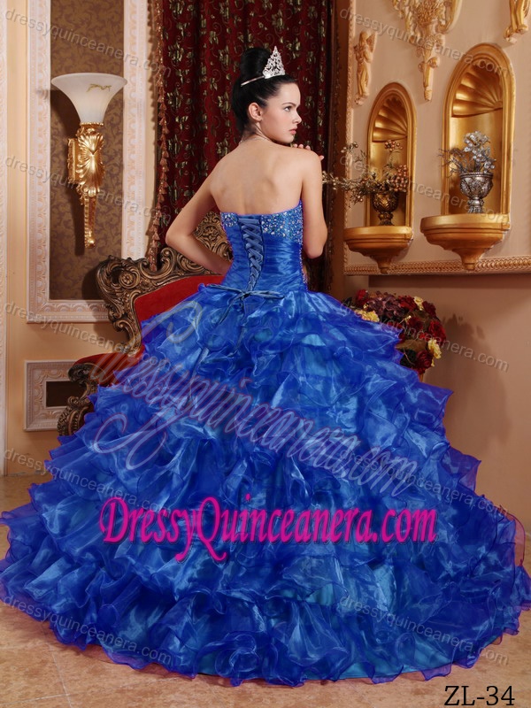 Blue Strapless Organza Quinceanera Dress with Beading and Ruffles on Promotion