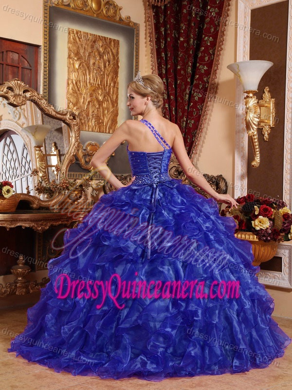 One-shoulder Bright Blue Organza Quinceanera Gown Dress with Ruffles and Beading