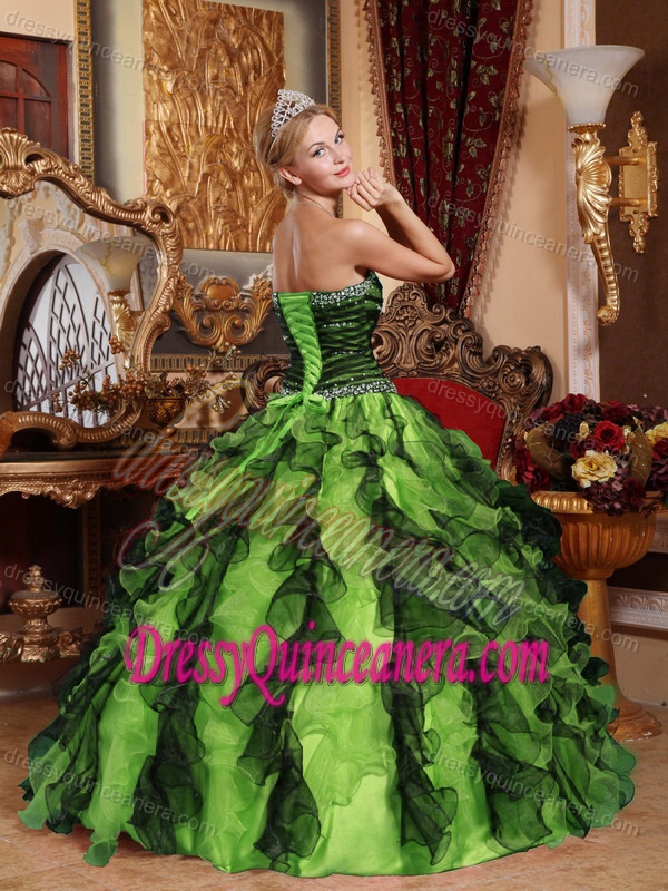 Green and Black Organza Sweetheart Dress for Quinceanera with Beading and Ruffles