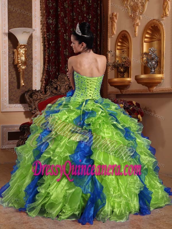 2014 Exclusive Sweetheart Green and Blue Ruffled Quinceanera Gowns with Beading