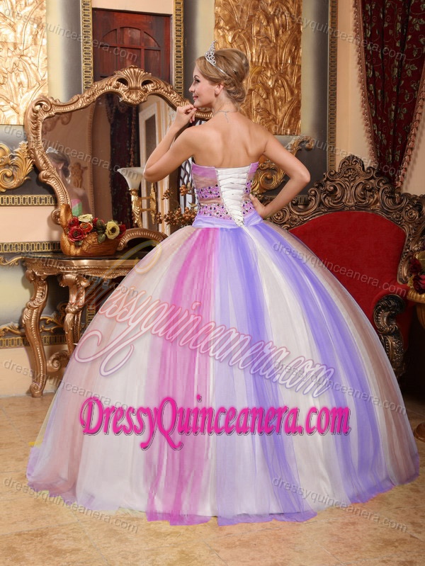 Multi-colored Sweetheart Ruched Tulle Ball Gown Quinceanera Dresses with Beading