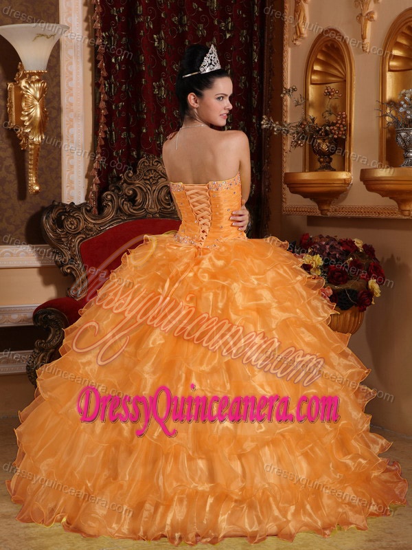 Chic Orange Strapless Ball Gown Organza Quinceanera Gown with Ruffles and Beading