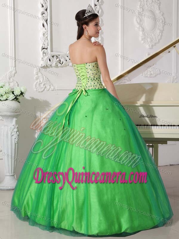 Spring Green Strapless Ball Gown Tulle Quinceanera Dresses with Beading for Cheap