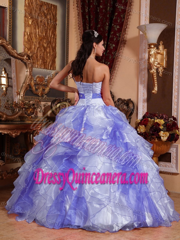 Cute Lilac and White Sweetheart Organza Quinceanera Dress with Beading and Ruffles