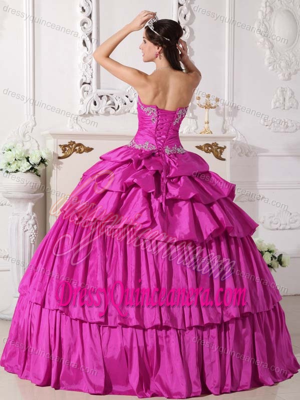 Fuchsia Sweetheart Layered Taffeta Quinceanera Dress with Appliques and Pick-ups